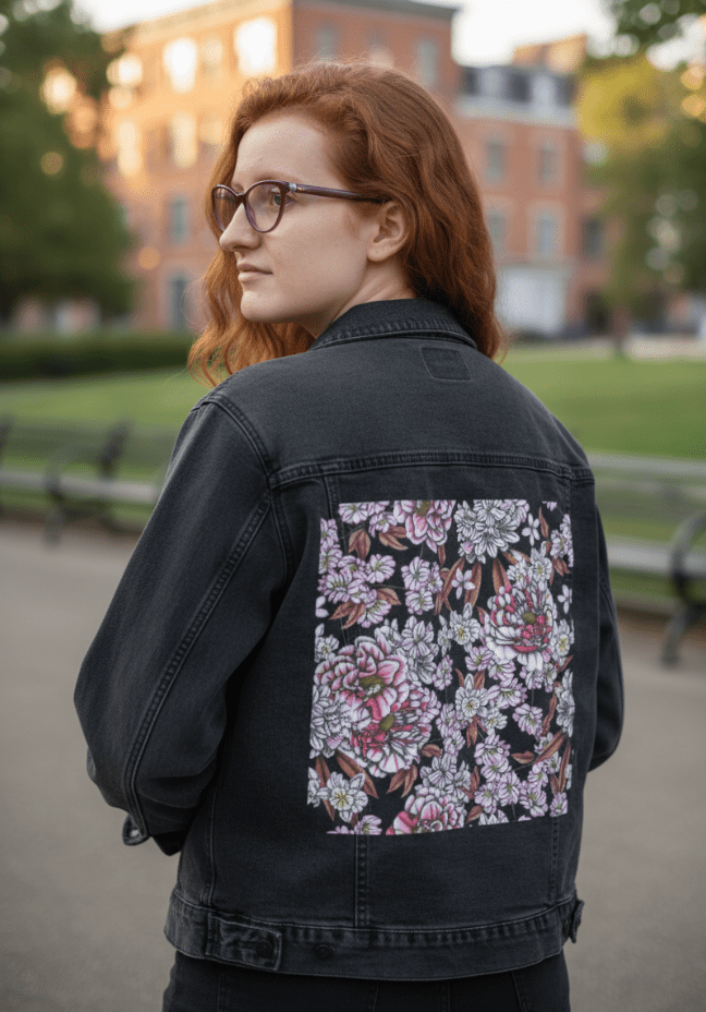 back view of a model standing in a city park wearing a black denim jacket with a richly printed floral panel in blush pink, ivory, &amp; rose tones against a black background. the blossoms cascade in hand-drawn clusters, with dusty pink leaves adding depth. the artwork “Pink Afternoon” by Cecilia Battaini is digitally printed on the jacket’s back panel by DenimINK.