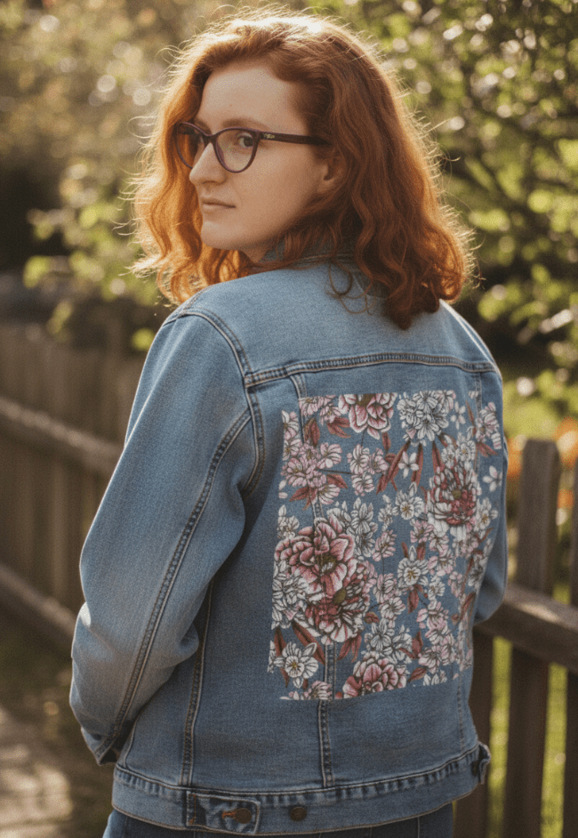 three-quarter rear view of a model standing near a wooden fence in soft natural light, wearing a stonewashed denim jacket with printed peonies & blossoms in pink & white. the hand-drawn flowers & gentle linework evoke a vintage botanical print. the artwork “Pink Afternoon” by Cecilia Battaini is digitally printed on the jacket’s back panel by DenimINK.