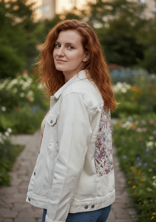 three-quarter rear view of a model walking a stone garden path while wearing a white denim jacket featuring pale pink &amp; white hand-drawn florals. the detailed pencil-shaded petals &amp; soft pinks glow in the golden hour light. the artwork “Pink Afternoon” by Cecilia Battaini is digitally printed on the jacket’s back panel by DenimINK.