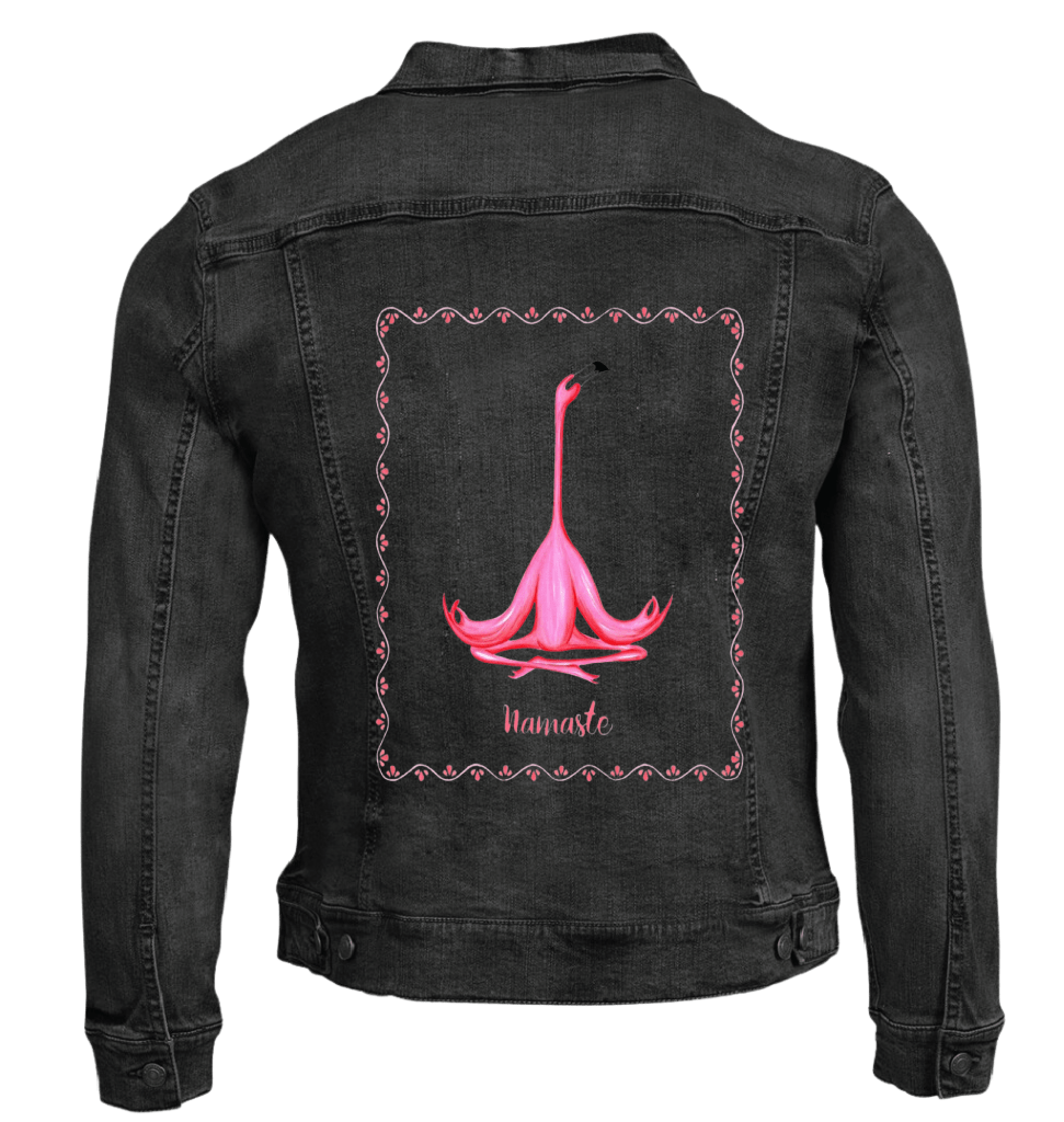 PINK FLAMINGO MEDITATING NAMASTE by Amélie Legault custom denim jacket by DenimINK