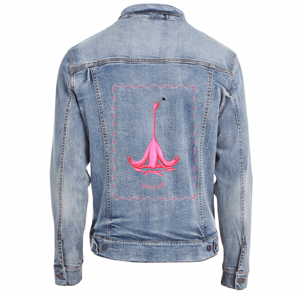 PINK FLAMINGO MEDITATING NAMASTE by Amélie Legault custom denim jacket by DenimINK