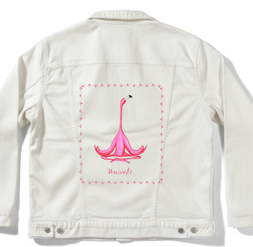 PINK FLAMINGO MEDITATING NAMASTE by Amélie Legault custom denim jacket by DenimINK