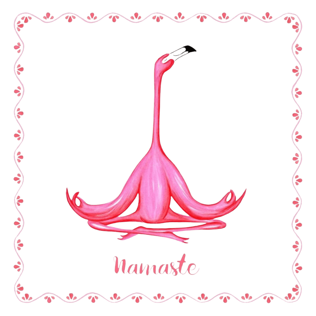 illustration of a bright pink flamingo seated upright in a meditative yoga pose, with its wings curled forward, long neck extended and curved beak angled gently downward. the flamingo’s wings fold symmetrically into petal-like shapes around its body, rendered in layered pink and coral brushstrokes. a decorative pink floral border frames the white background, with the word “Namaste” hand-lettered beneath the figure. this artwork is titled “Pink Flamingo Meditating Namaste” and created by Amélie Legault 
