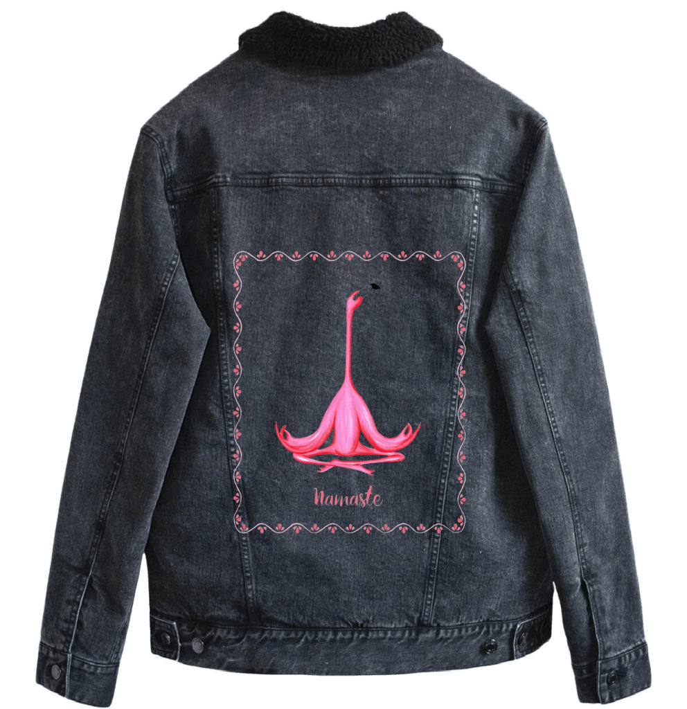 PINK FLAMINGO MEDITATING NAMASTE by Amélie Legault custom denim jacket by DenimINK