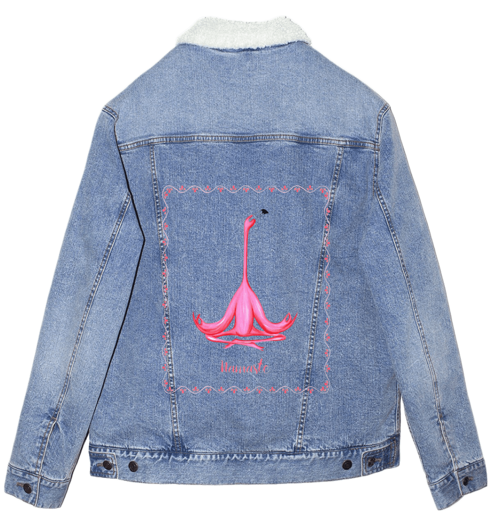PINK FLAMINGO MEDITATING NAMASTE by Amélie Legault custom denim jacket by DenimINK