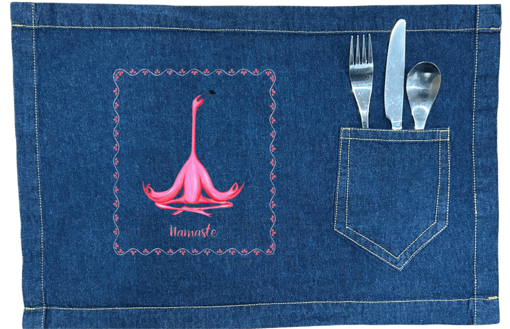 PINK FLAMINGO MEDITATING NAMASTE by Amélie Legault custom denim jacket by DenimINK