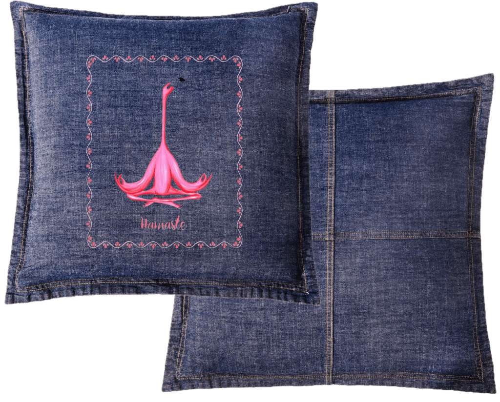 PINK FLAMINGO MEDITATING NAMASTE by Amélie Legault custom denim jacket by DenimINK