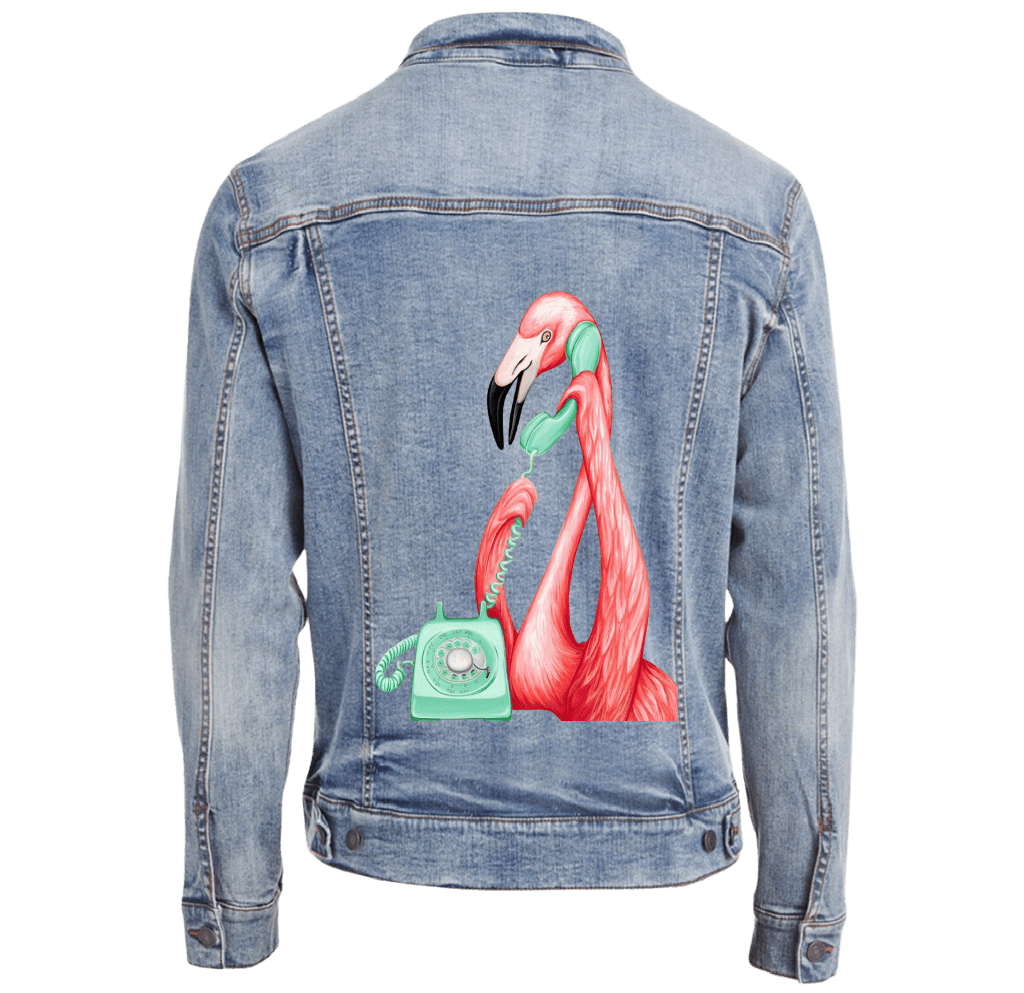 PINK FLAMINGO ON THE PHONE1 by Amélie Legault custom denim jacket by DenimINK