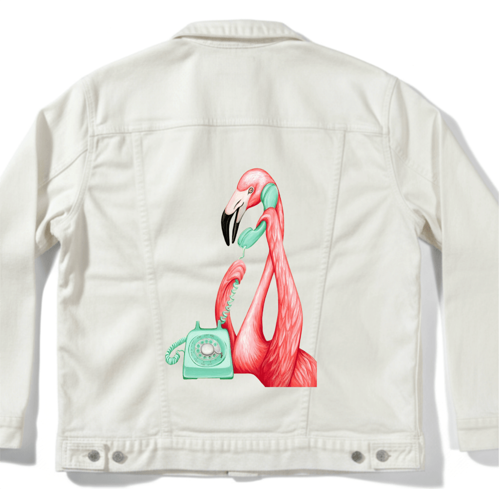 PINK FLAMINGO ON THE PHONE1 by Amélie Legault custom denim jacket by DenimINK