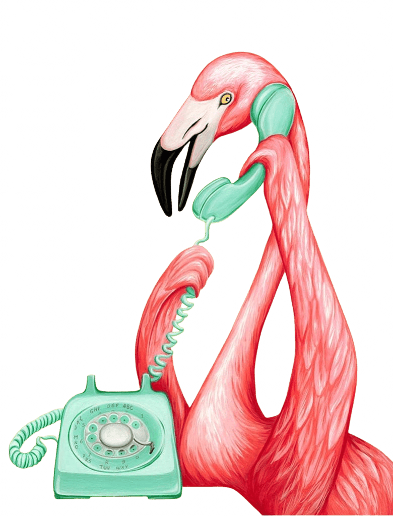 illustration of a pink flamingo holding a mint green vintage telephone receiver to its beak, its long curved neck forming a looping arc above a matching rotary phone. the flamingo’s feathers are painted in layered pink and coral strokes, with a black-tipped beak and yellow eye. a yellow background patterned with repeating floral shapes fills the scene. this artwork is titled “Pink Flamingo on the Phone 1” and created by Amélie Legault 