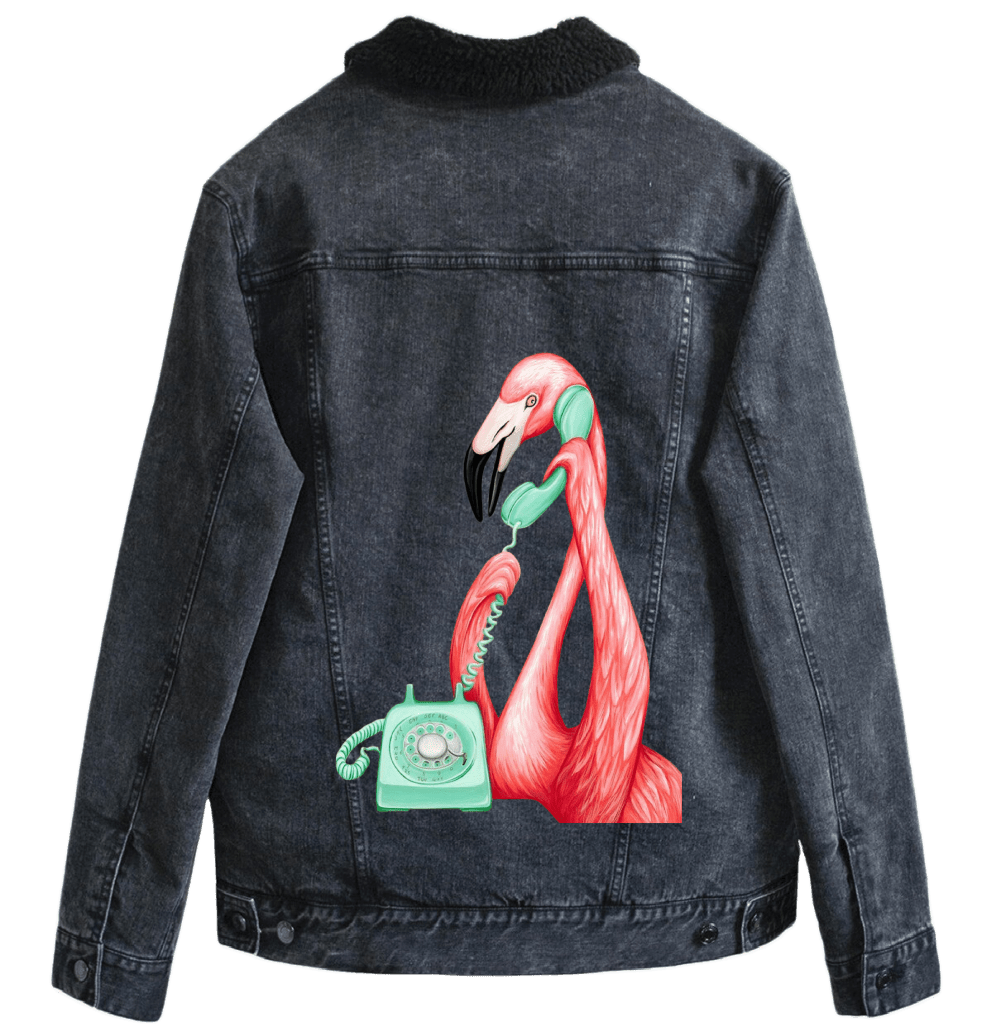 PINK FLAMINGO ON THE PHONE1 by Amélie Legault custom denim jacket by DenimINK