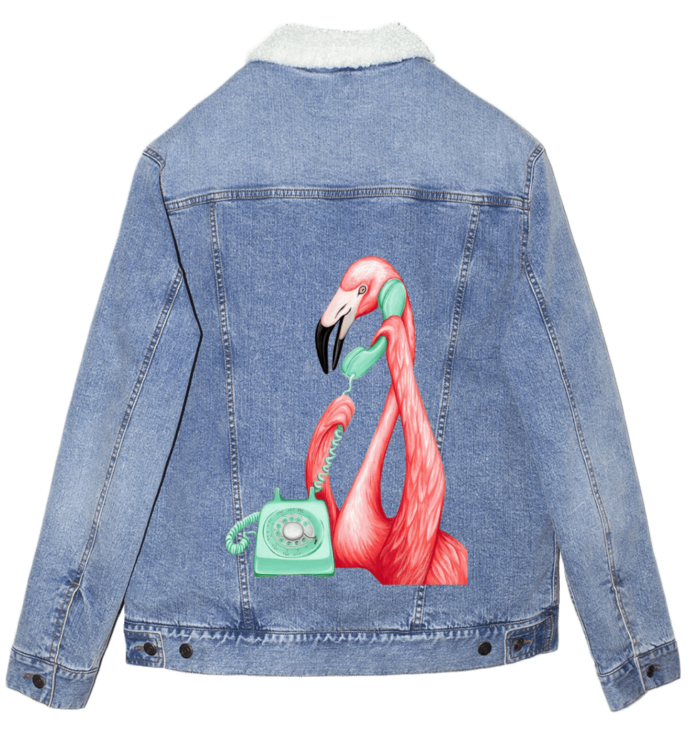PINK FLAMINGO ON THE PHONE1 by Amélie Legault custom denim jacket by DenimINK