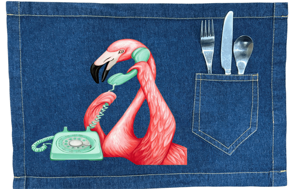 PINK FLAMINGO ON THE PHONE1 by Amélie Legault custom denim jacket by DenimINK