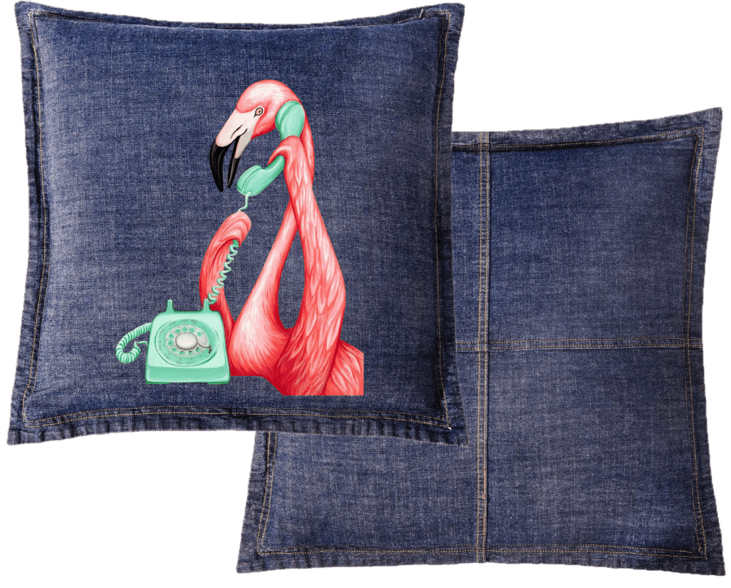 PINK FLAMINGO ON THE PHONE1 by Amélie Legault custom denim jacket by DenimINK