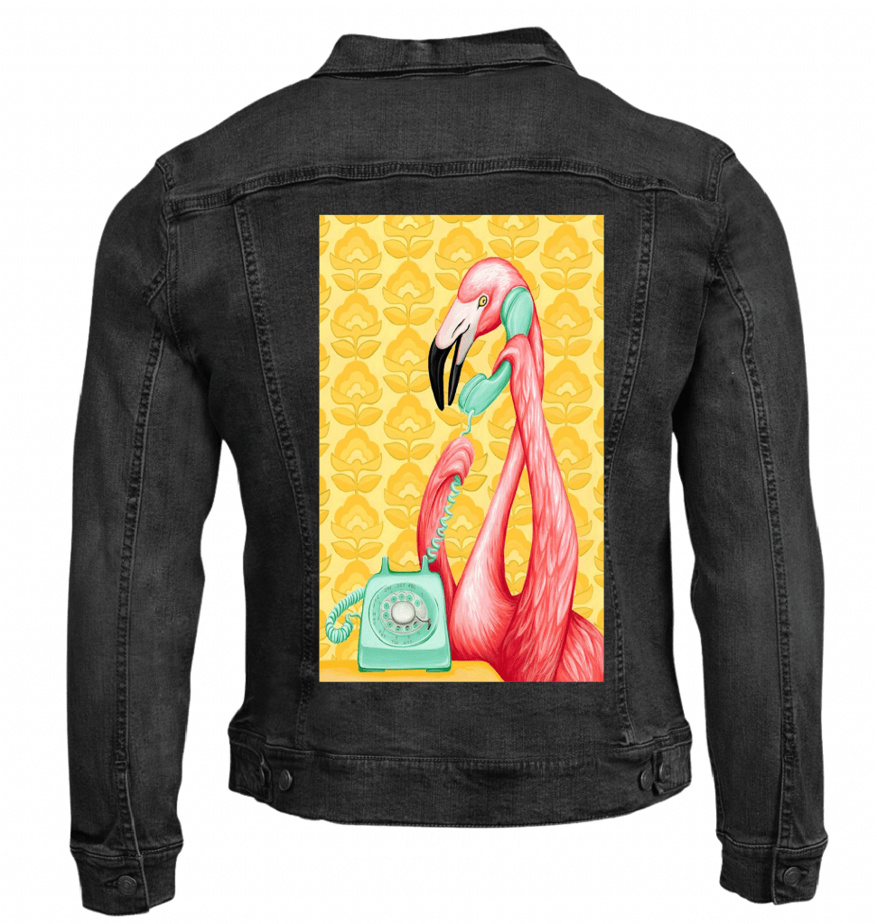 PINK FLAMINGO ON THE PHONE1 with yellow background by Amélie Legault custom denim jacket by DenimINK