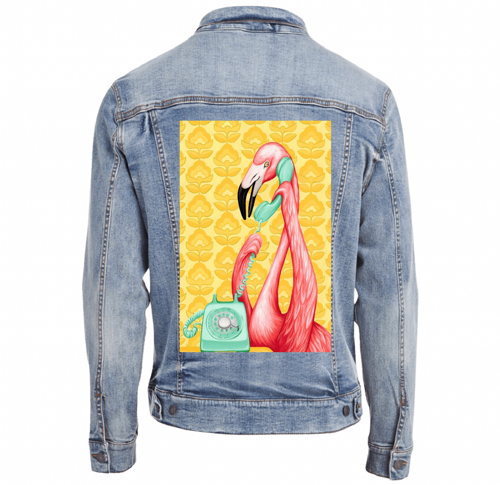 PINK FLAMINGO ON THE PHONE1 with yellow background by Amélie Legault custom denim jacket by DenimINK