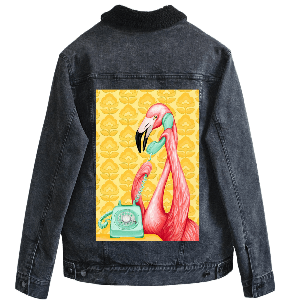 PINK FLAMINGO ON THE PHONE1 with yellow background by Amélie Legault custom denim jacket by DenimINK