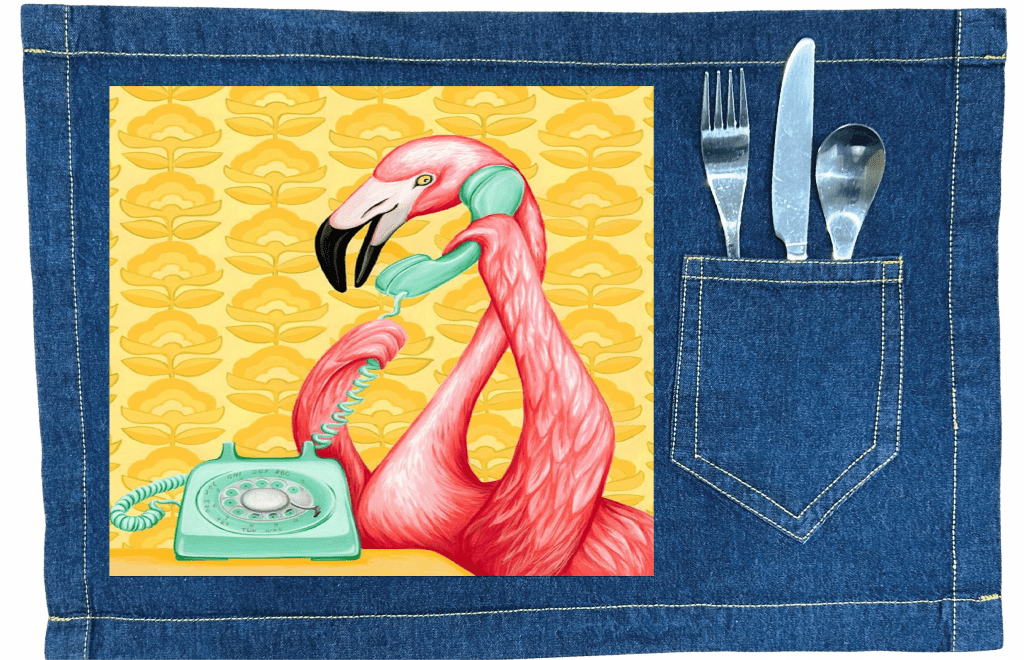 PINK FLAMINGO ON THE PHONE1 with yellow background by Amélie Legault custom denim jacket by DenimINK