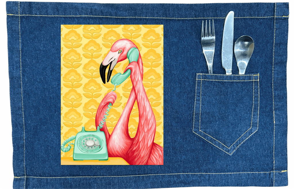 PINK FLAMINGO ON THE PHONE1 with yellow background by Amélie Legault custom denim jacket by DenimINK