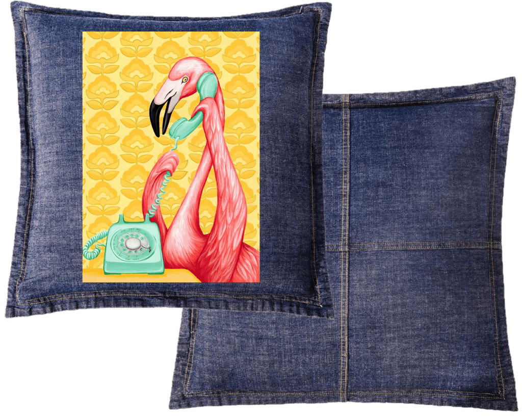 PINK FLAMINGO ON THE PHONE1 with yellow background by Amélie Legault custom denim jacket by DenimINK