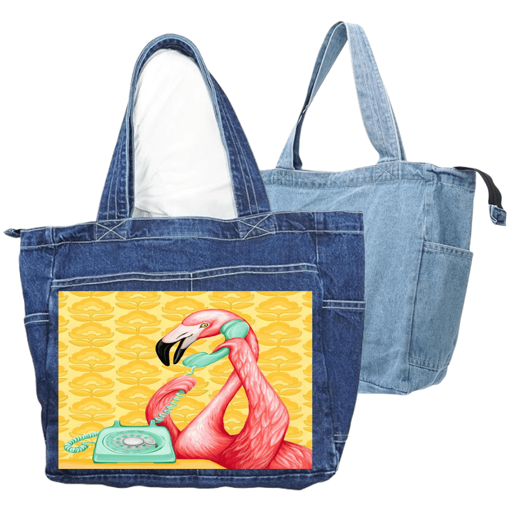 PINK FLAMINGO ON THE PHONE1 with yellow background by Amélie Legault custom denim jacket by DenimINK