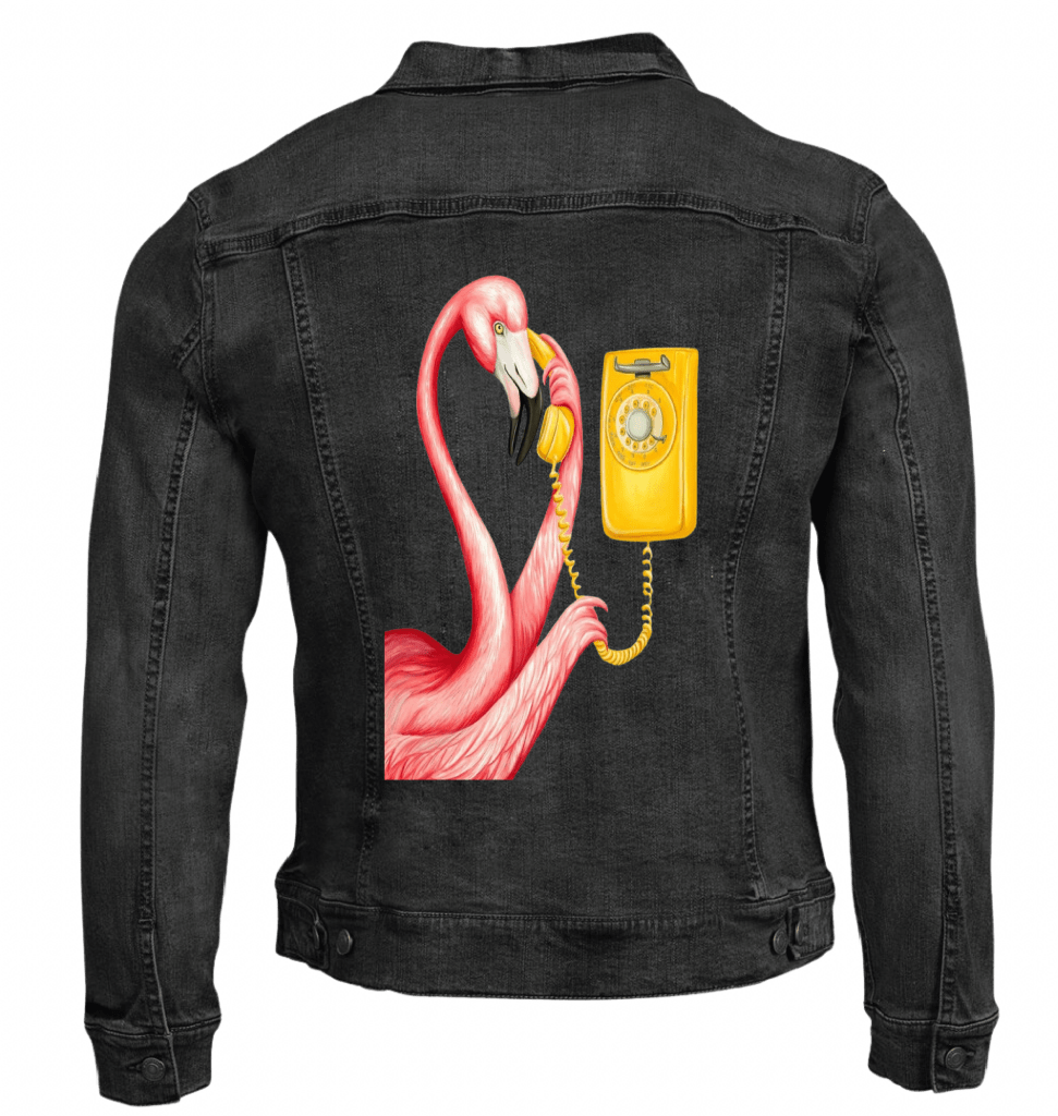 PINK FLAMINGO ON THE PHONE2 by Amélie Legault custom denim jacket by DenimINK