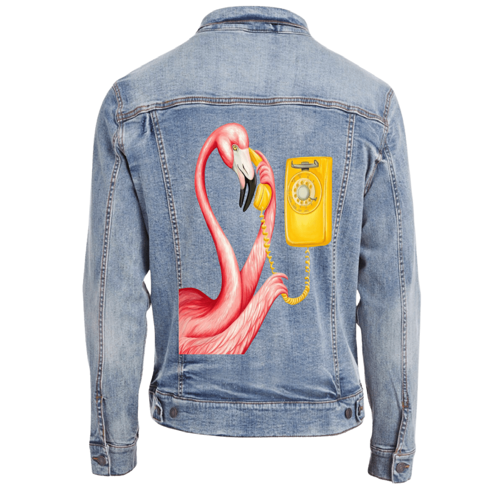 PINK FLAMINGO ON THE PHONE2 by Amélie Legault custom denim jacket by DenimINK