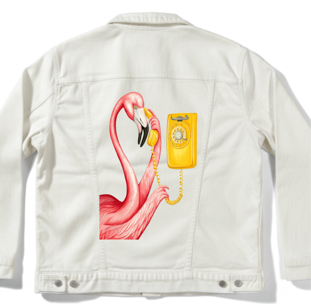PINK FLAMINGO ON THE PHONE2 by Amélie Legault custom denim jacket by DenimINK