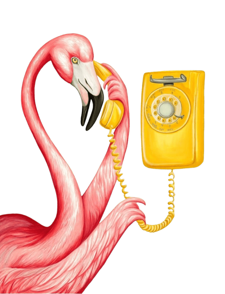 illustration of a pink flamingo holding a yellow vintage rotary telephone receiver to its beak, with the curved neck forming an elegant arc. the flamingo’s feathers are painted in layered pink and coral strokes, and a coiled yellow phone cord connects to a matching wall-mounted rotary phone beside it. the background is mint green with repeating floral shapes in lighter tones. this artwork is titled “Pink Flamingo on the Phone 2” and created by Amélie Legault