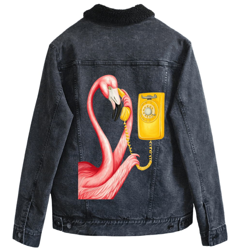 PINK FLAMINGO ON THE PHONE2 by Amélie Legault custom denim jacket by DenimINK