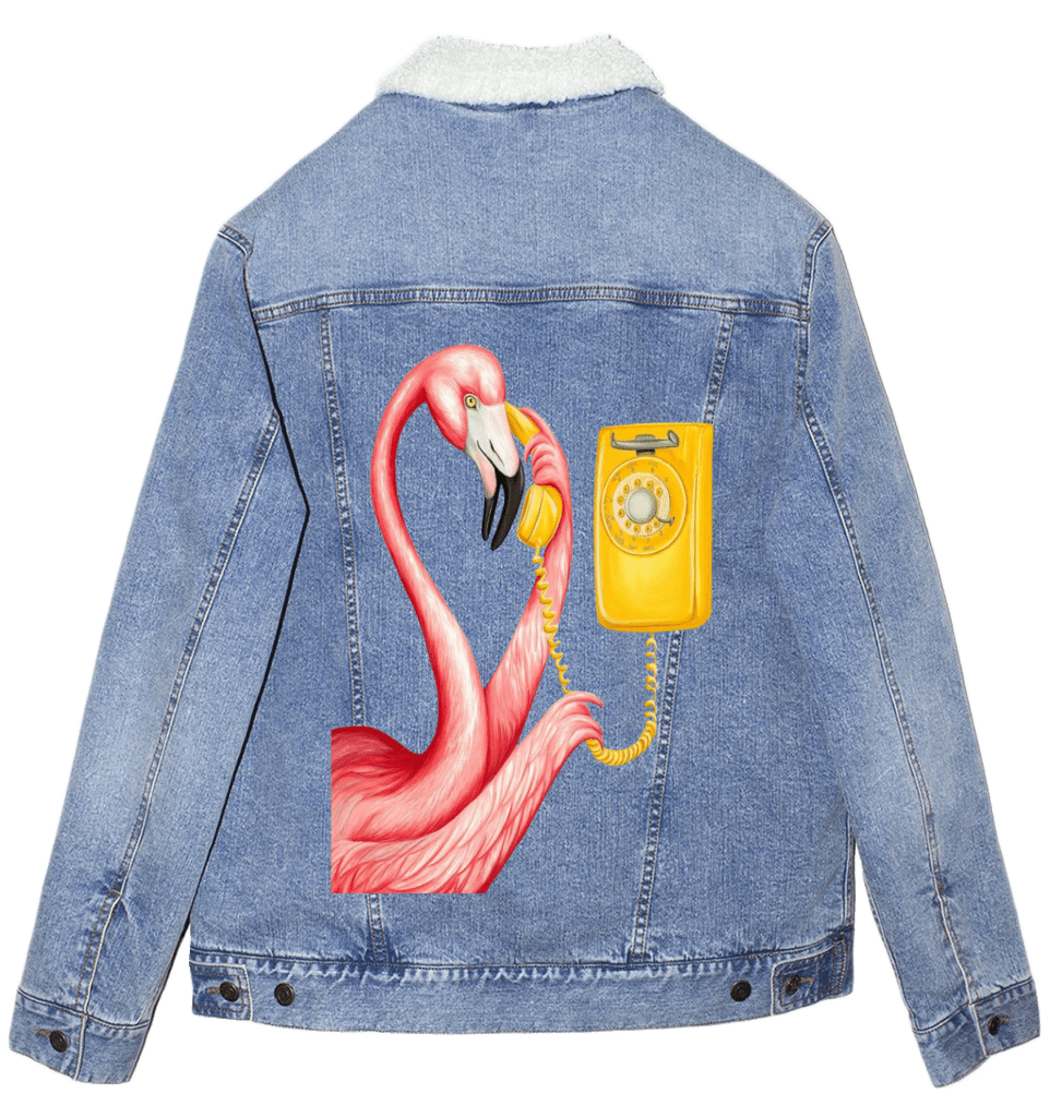 PINK FLAMINGO ON THE PHONE2 by Amélie Legault custom denim jacket by DenimINK