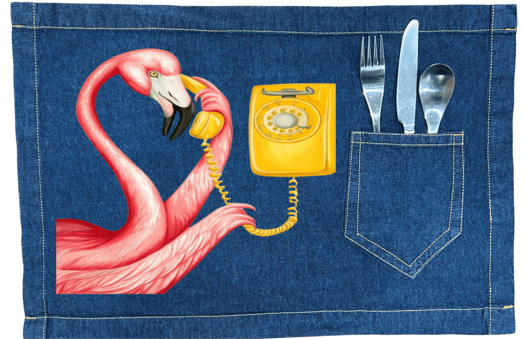 PINK FLAMINGO ON THE PHONE2 by Amélie Legault custom denim jacket by DenimINK