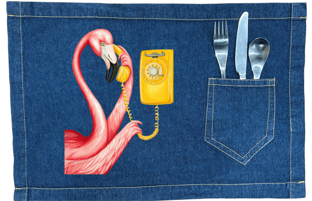 PINK FLAMINGO ON THE PHONE2 by Amélie Legault custom denim jacket by DenimINK
