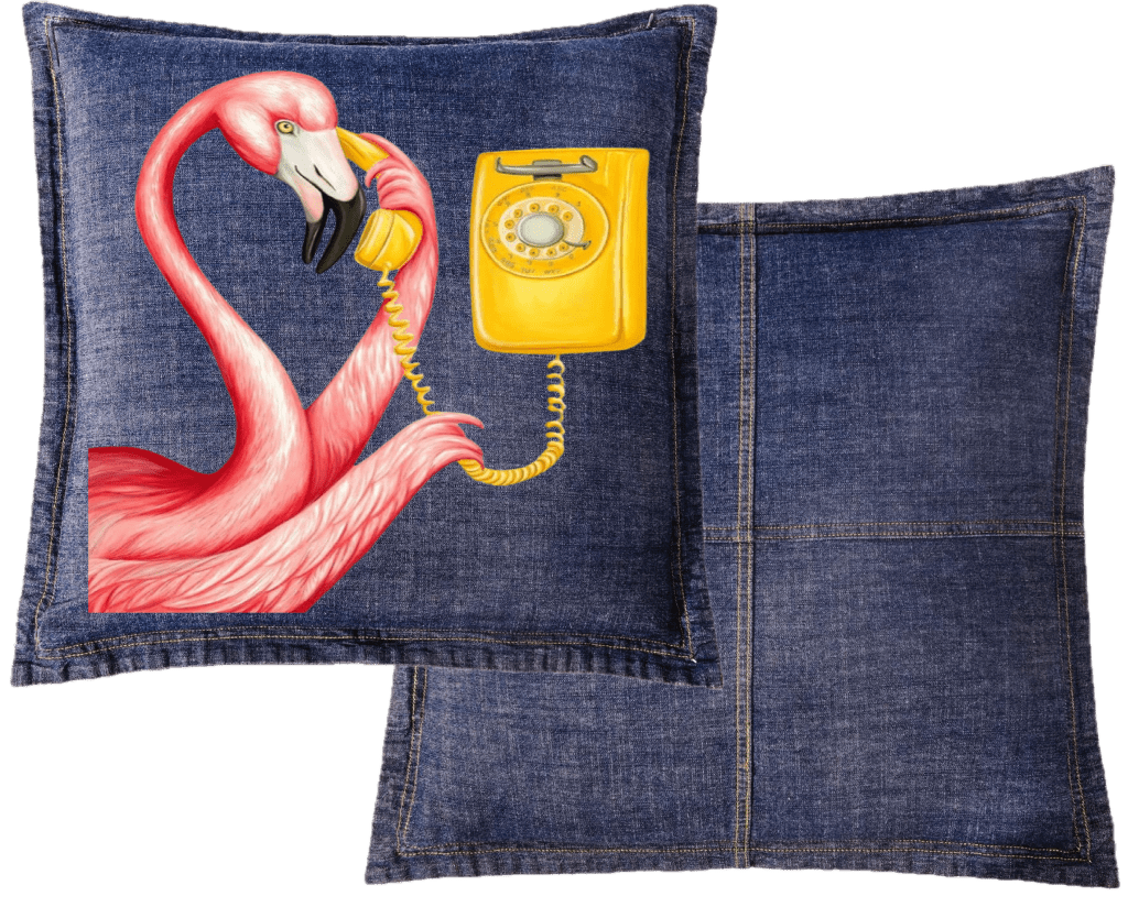 PINK FLAMINGO ON THE PHONE2 by Amélie Legault custom denim jacket by DenimINK