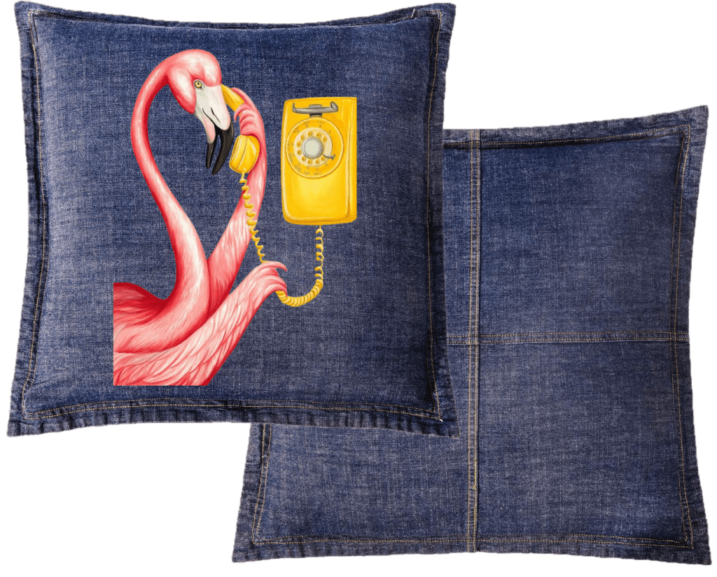 PINK FLAMINGO ON THE PHONE2 by Amélie Legault custom denim jacket by DenimINK