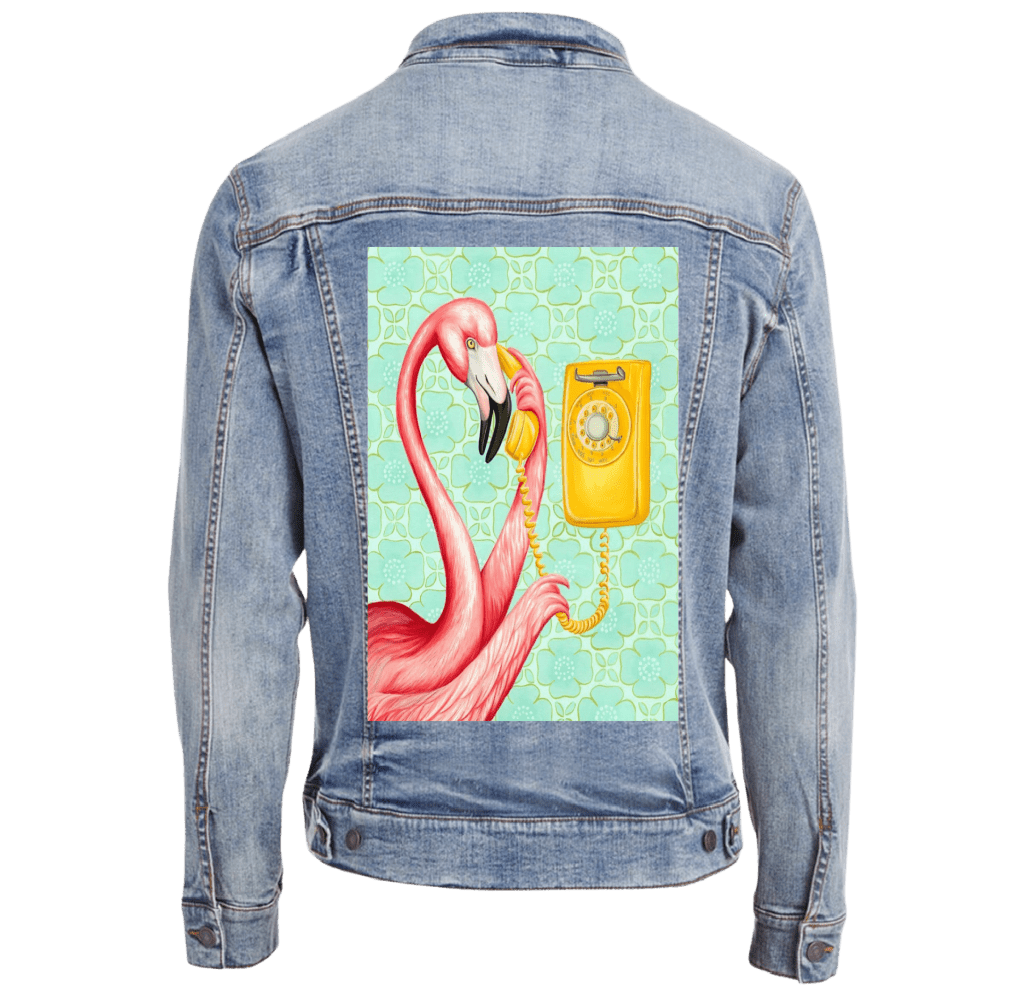 PINK FLAMINGO ON THE PHONE2 with mint green background by Amélie Legault custom denim jacket by DenimINK
