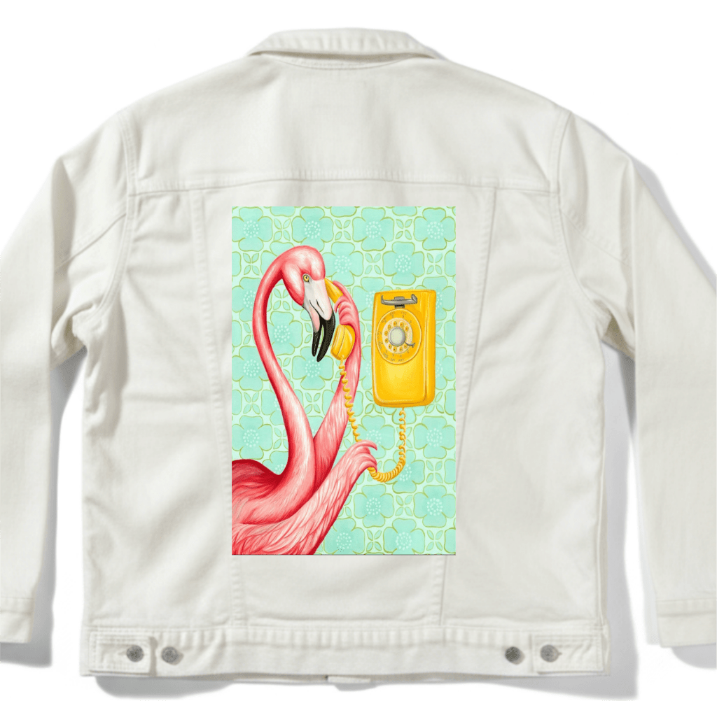 PINK FLAMINGO ON THE PHONE2 with mint green background by Amélie Legault custom denim jacket by DenimINK