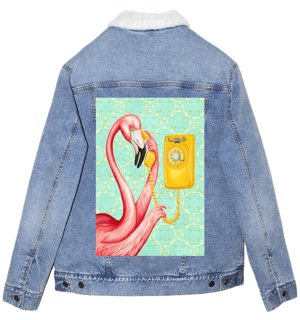 PINK FLAMINGO ON THE PHONE2 with mint green background by Amélie Legault custom denim jacket by DenimINK