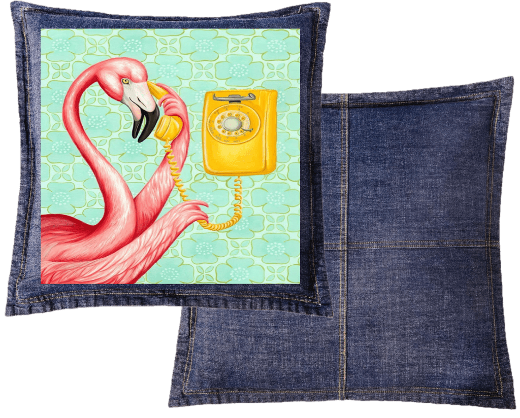 PINK FLAMINGO ON THE PHONE2 with mint green background by Amélie Legault custom denim jacket by DenimINK