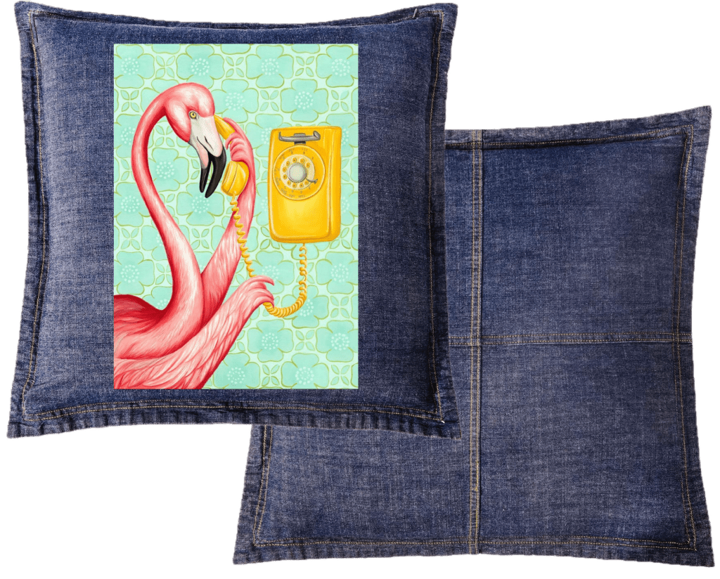 PINK FLAMINGO ON THE PHONE2 with mint green background by Amélie Legault custom denim jacket by DenimINK