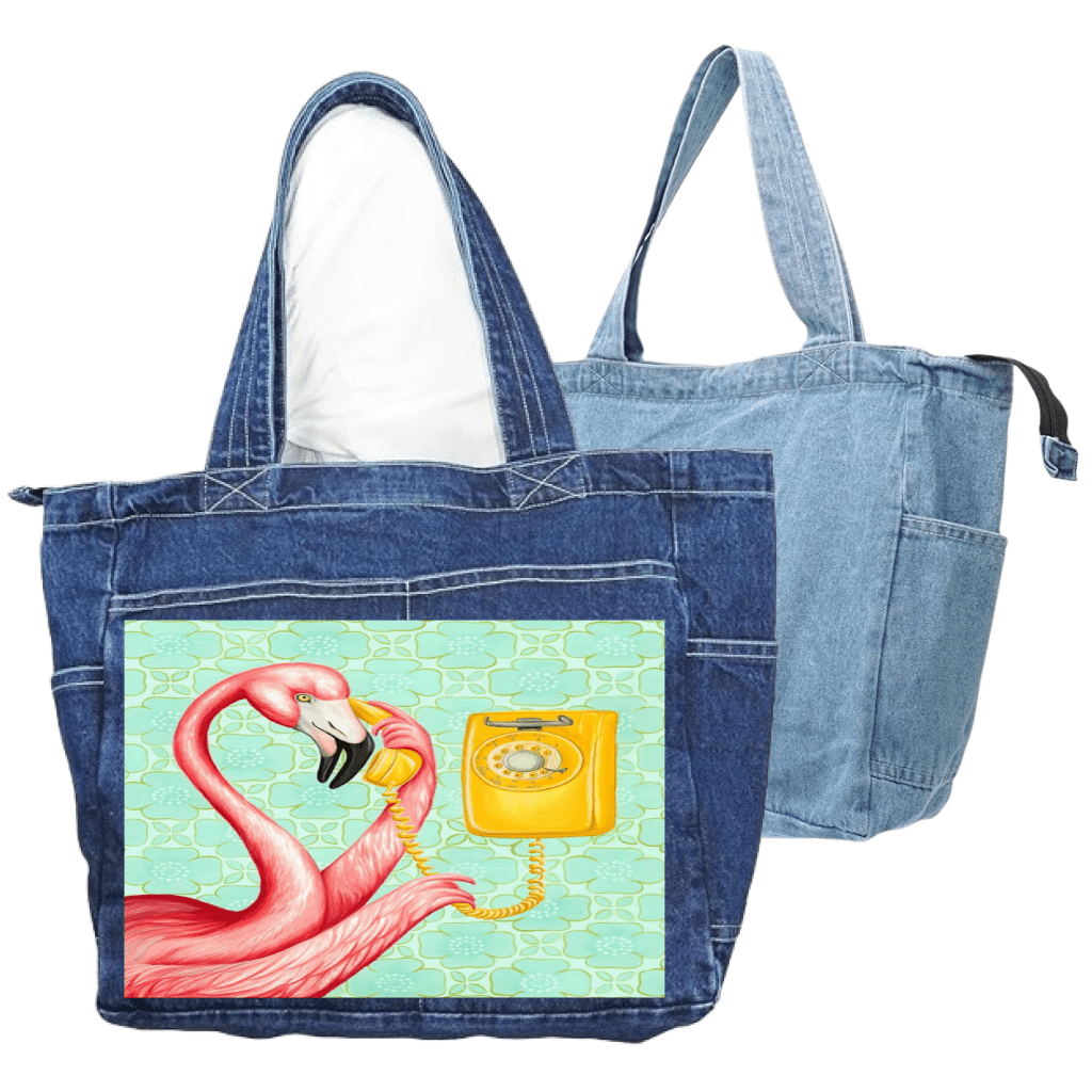 PINK FLAMINGO ON THE PHONE2 with mint green background by Amélie Legault custom denim jacket by DenimINK