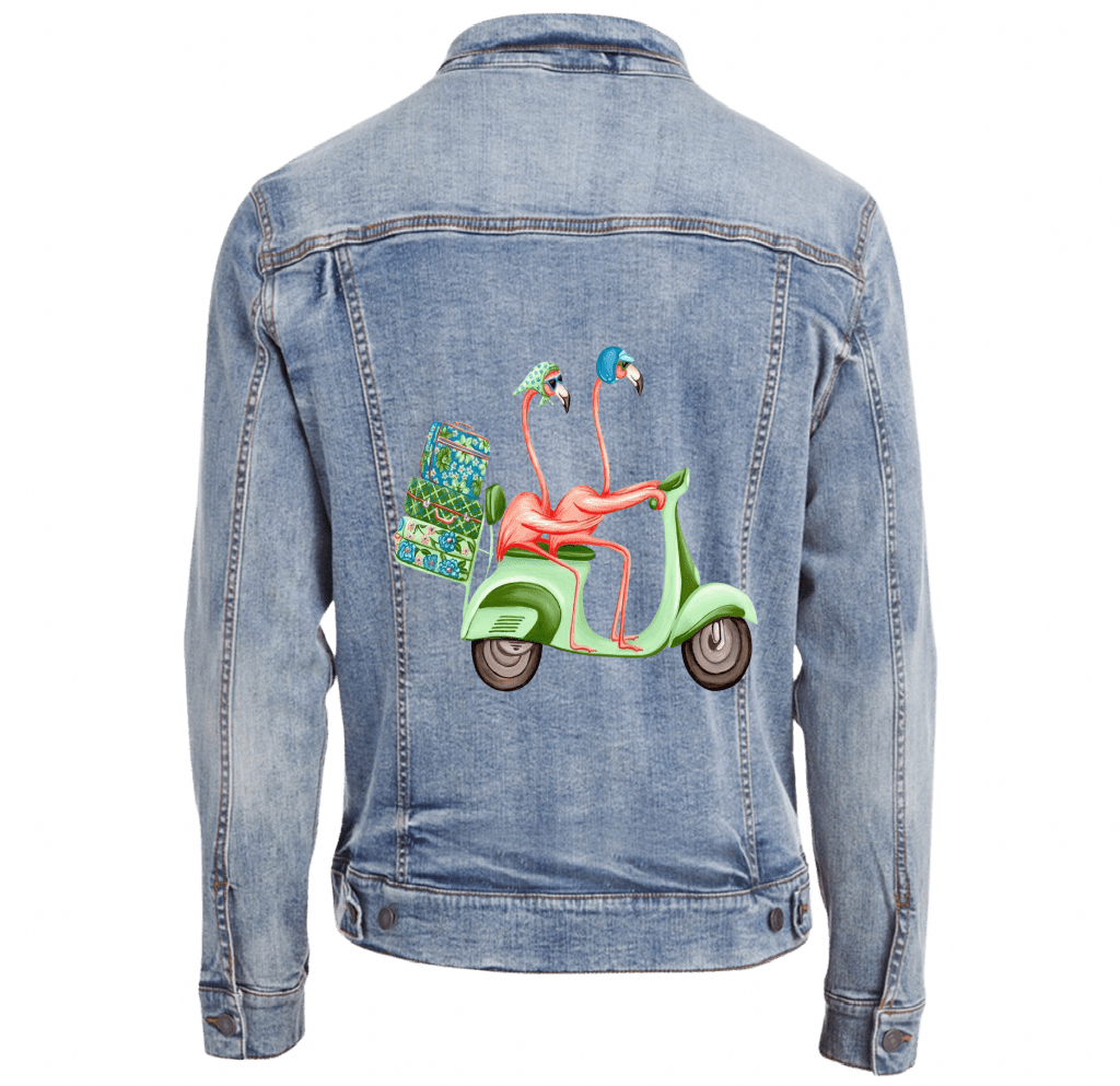 PINK FLAMINGOS RIDING A SCOOTER by Amélie Legault custom denim jacket by DenimINK