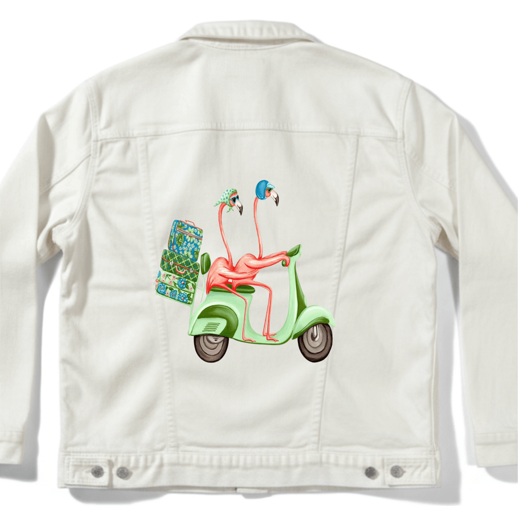 PINK FLAMINGOS RIDING A SCOOTER by Amélie Legault custom denim jacket by DenimINK
