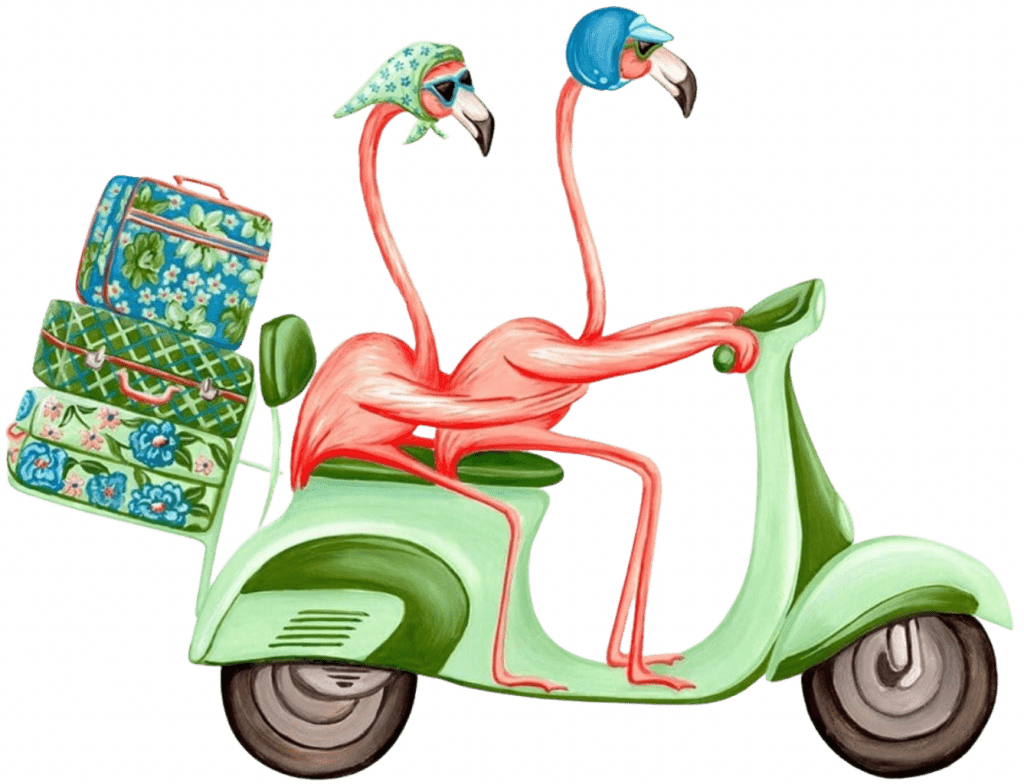 illustration of two pink flamingos riding together on a mint green scooter, their long necks upright and bodies seated closely in tandem. one flamingo wears a blue helmet, the other a green headscarf with sunglasses. a stack of patterned suitcases is secured behind them, and the scooter’s dark wheels and curved body rest against a pale lined background. this artwork is titled “Pink Flamingos Riding a Scooter” and created by Amélie Legault