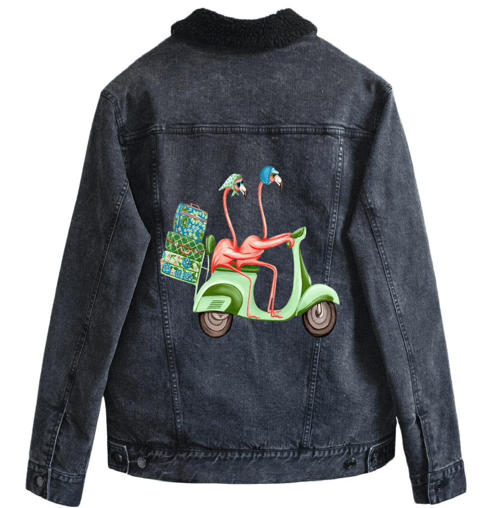 PINK FLAMINGOS RIDING A SCOOTER by Amélie Legault custom denim jacket by DenimINK