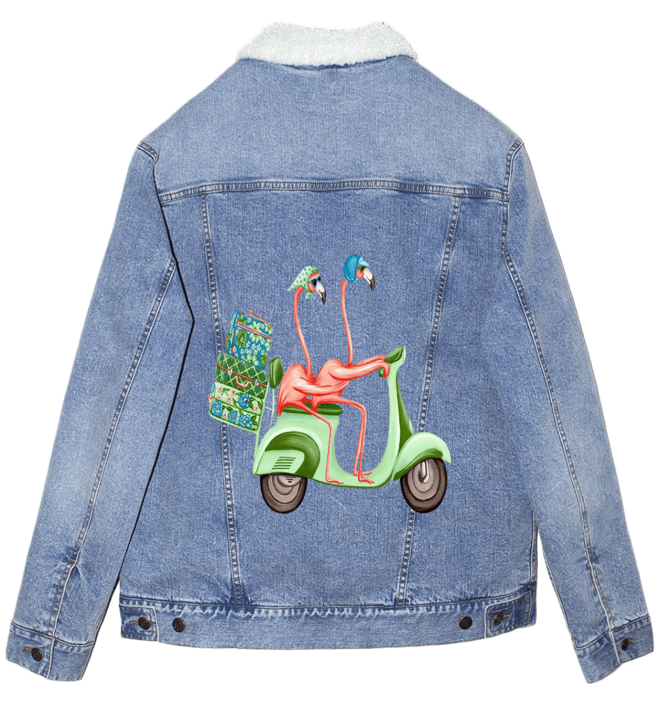 PINK FLAMINGOS RIDING A SCOOTER by Amélie Legault custom denim jacket by DenimINK