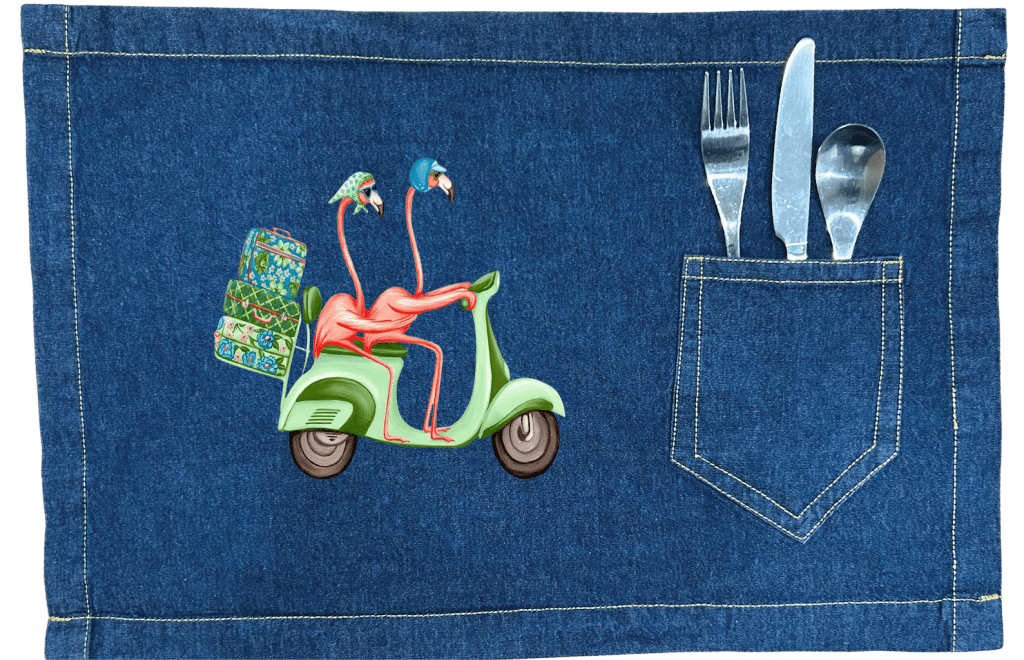 PINK FLAMINGOS RIDING A SCOOTER by Amélie Legault custom denim jacket by DenimINK