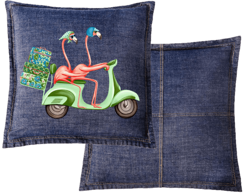 PINK FLAMINGOS RIDING A SCOOTER by Amélie Legault custom denim jacket by DenimINK