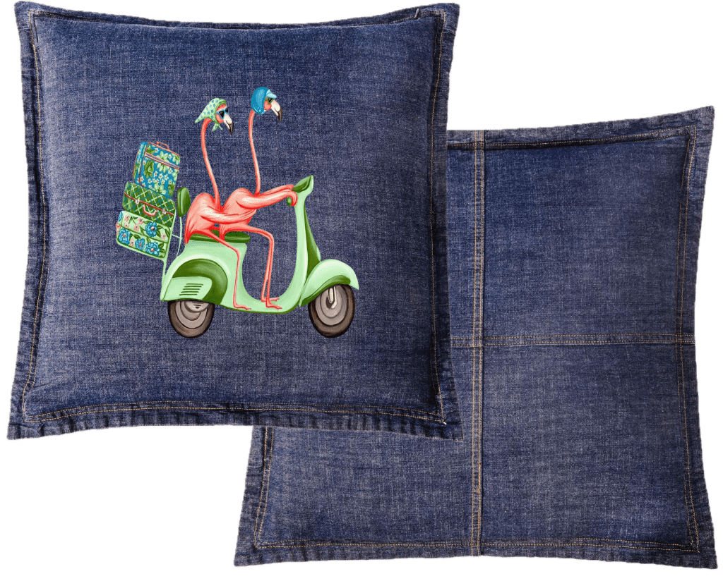 PINK FLAMINGOS RIDING A SCOOTER by Amélie Legault custom denim jacket by DenimINK