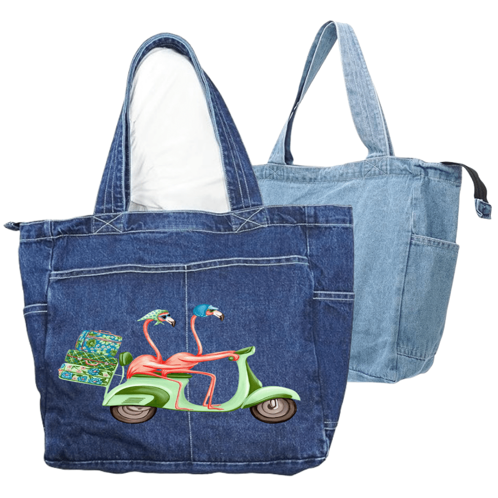 PINK FLAMINGOS RIDING A SCOOTER by Amélie Legault custom denim jacket by DenimINK